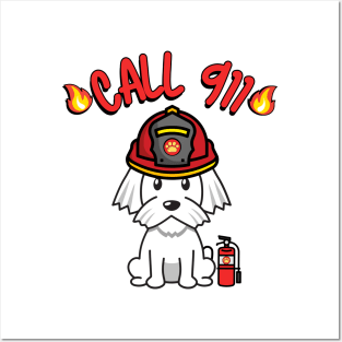 Cute white dog is a firefighter Posters and Art